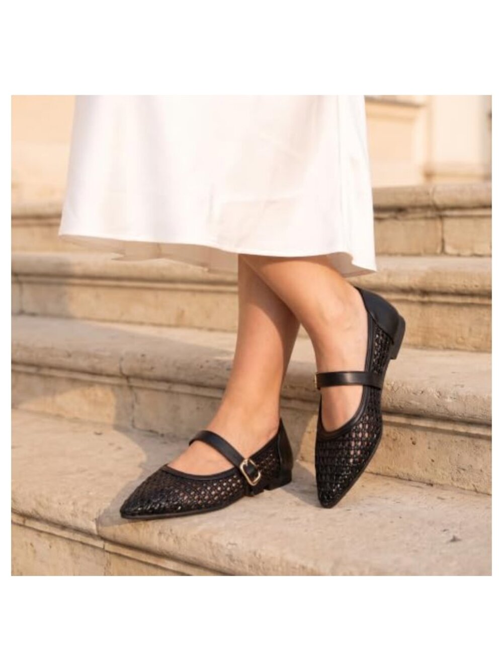 Woven Mesh Mary Jane Ballet Flats Pointed Toe Cushioned Comfort Shoes - Picture 2 of 6